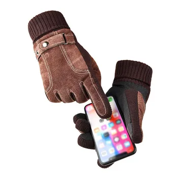 Мужские зимние кожаные перчатки Тепловые Толстые ветрозащитные перчатки из морозостойкого теплого флиса И толстые рукавицы с сенсорным экраном для вождения