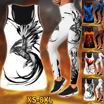 Женская Модная Комбинированная Татуировка Феникса С 3D Принтом, Майка, Леггинсы, Обтягивающие Штаны Для Йоги, Облегающий Костюм для Йоги XS-8XL