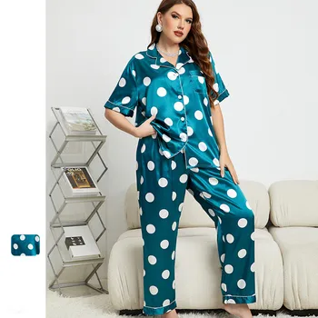 Женская пижама из атласа в горошек, комплект из двух предметов, Летняя рубашка с коротким рукавом, брючный костюм, Повседневная пижама, домашняя одежда