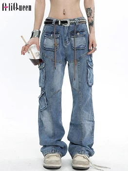 Корейские моющиеся синие джинсы с множеством карманов, пикантные Свободные джинсы с напуском для женщин, высокая талия, широкие джинсовые брюки во всю длину, уличная одежда