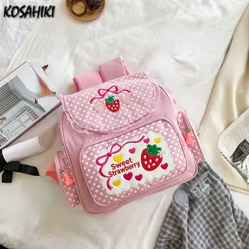 Рюкзаки японской девушки Sweet Kawaii с вышивкой в виде фруктов и клубники в горошек Школьные сумки Y2k Женские школьные рюкзаки Harajuku для студентов